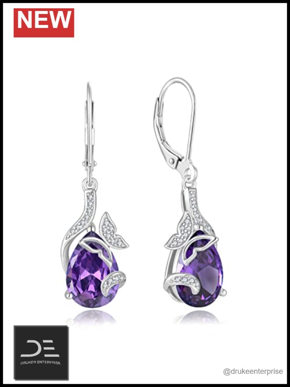925 Sterling Silver Butterfly Dangle Earrings Amethyst Birthstone Leverback